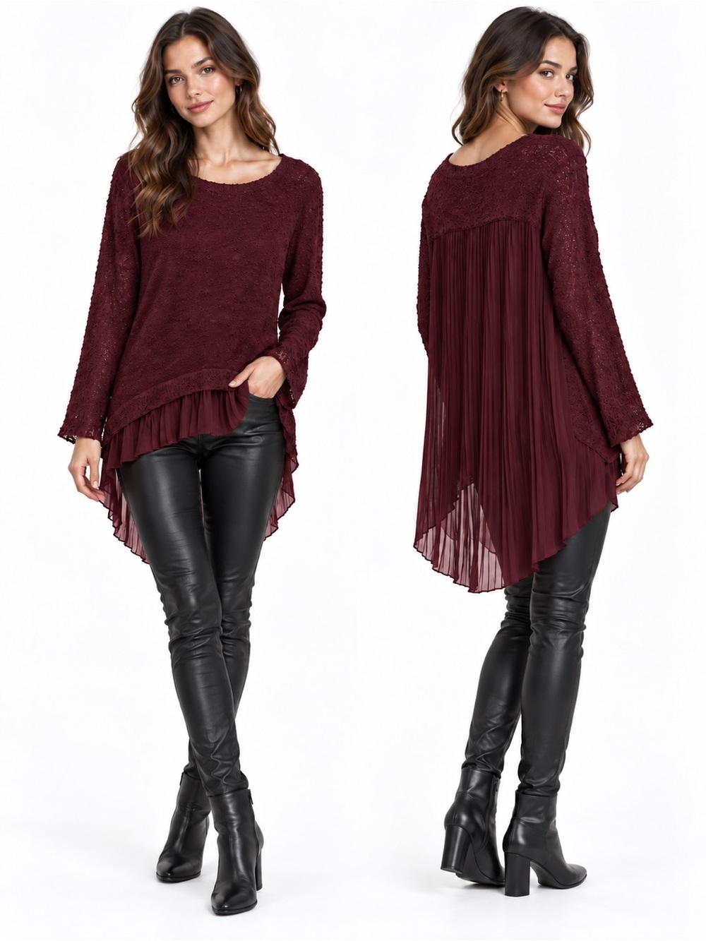 LF Millau Burgundy knit w/ Sheer Pleated High-Low Back & Bottom Size Small